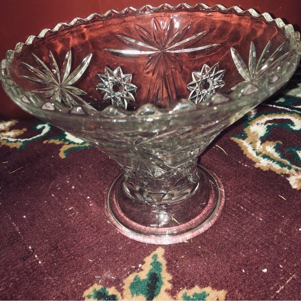 Vintage early American prescut glass Star of David pattern base of punch bowl.